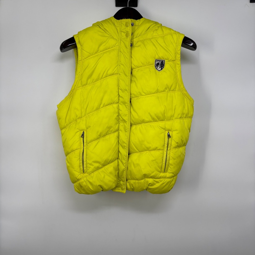 Y2K American Eagle Neon Yellow Puffer Vest Faux Fur Hood Plaid Lining XL